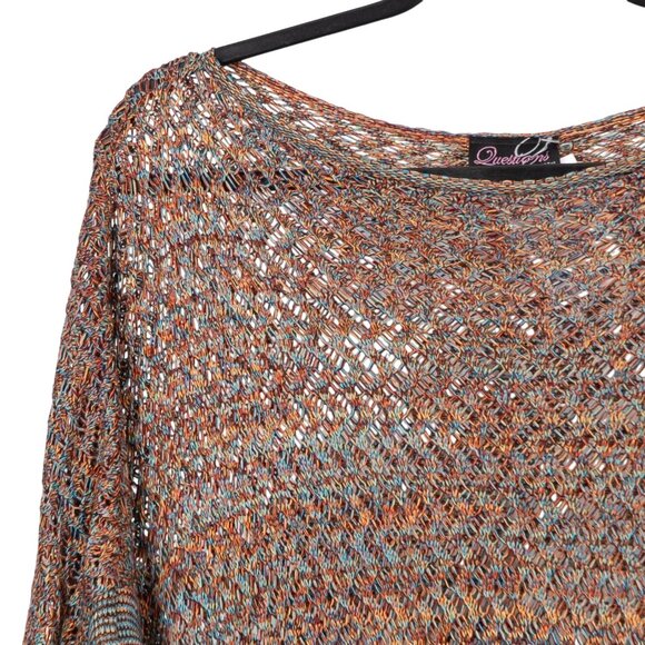 Questions Say What Poncho Sweater OS Women Multicolor Loose Knit Blue Orange NEW - Picture 2 of 5